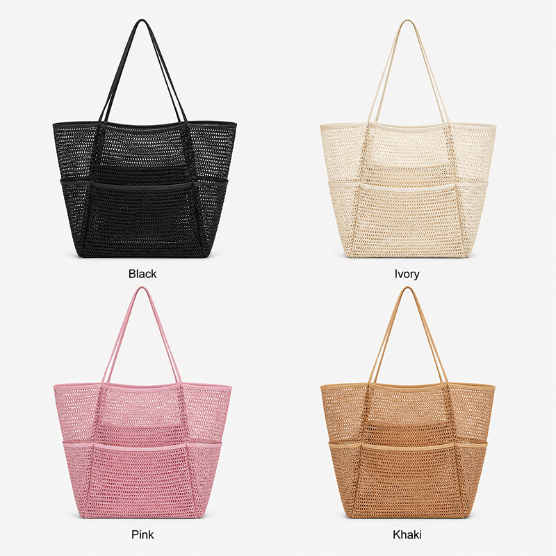 Large Capacity Waterproof Mesh Straw Summer Beach Shopping Handbag W/ Zipper Pocket Tote Bag