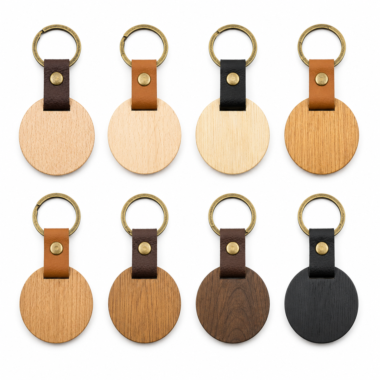 Round Wood Keychain Leather Strap Metal Ring Custom Engraved Key Holder