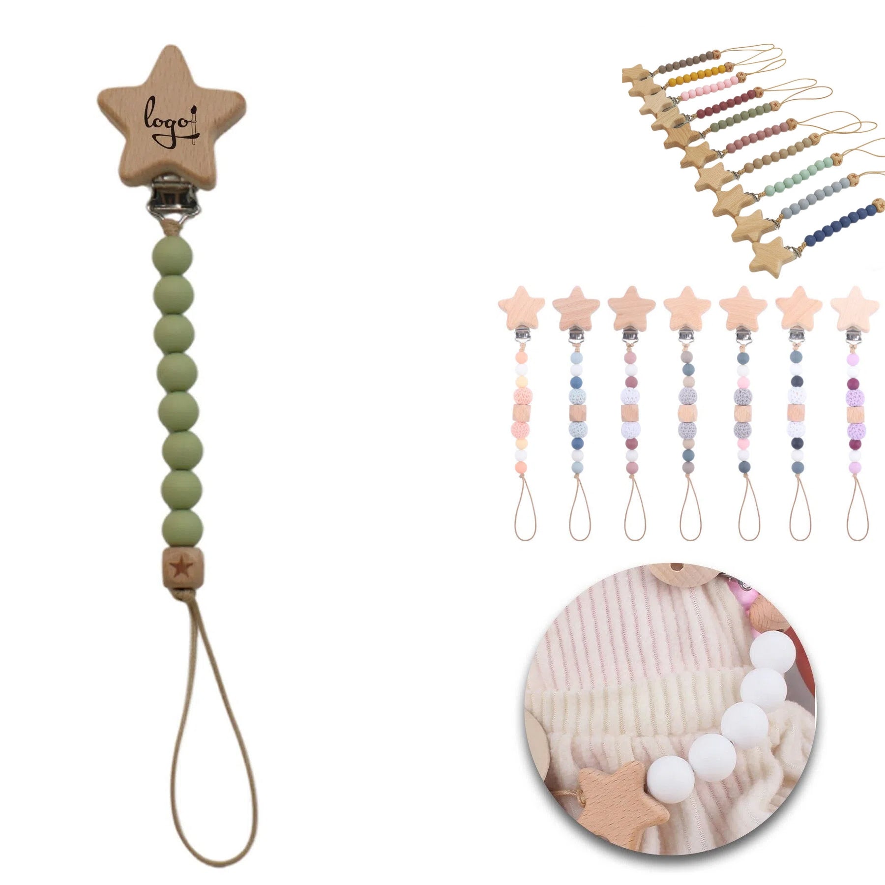 Baby Star Beech Wood Pacifier Clip W/ Silicone Teething Beads