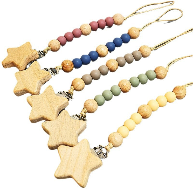 Baby Star Beech Wood Pacifier Clip W/ Silicone Teething Beads