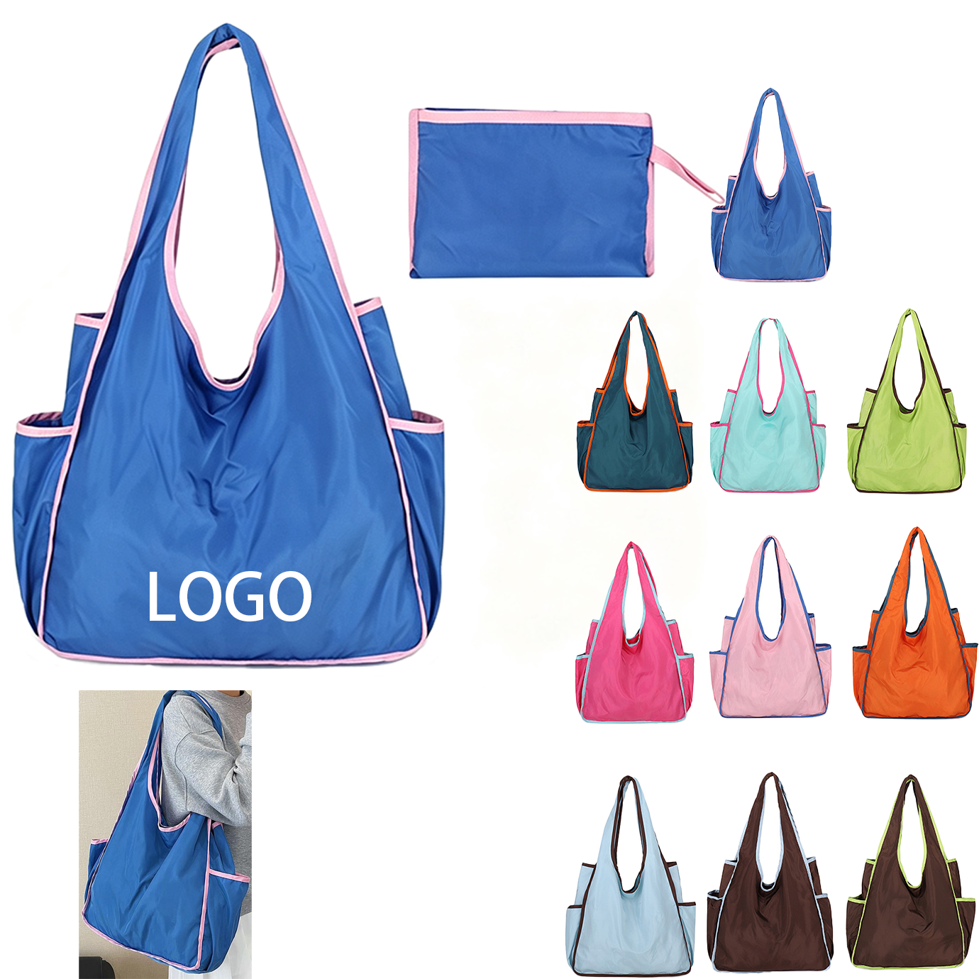 14.96" Color Block Foldable Polyester Shopping Bag W/ Multi Pockets
