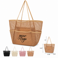 Large Capacity Waterproof Mesh Straw Summer Beach Shopping Handbag W/ Zipper Pocket Tote Bag