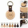Round Wood Keychain Leather Strap Metal Ring Custom Engraved Key Holder