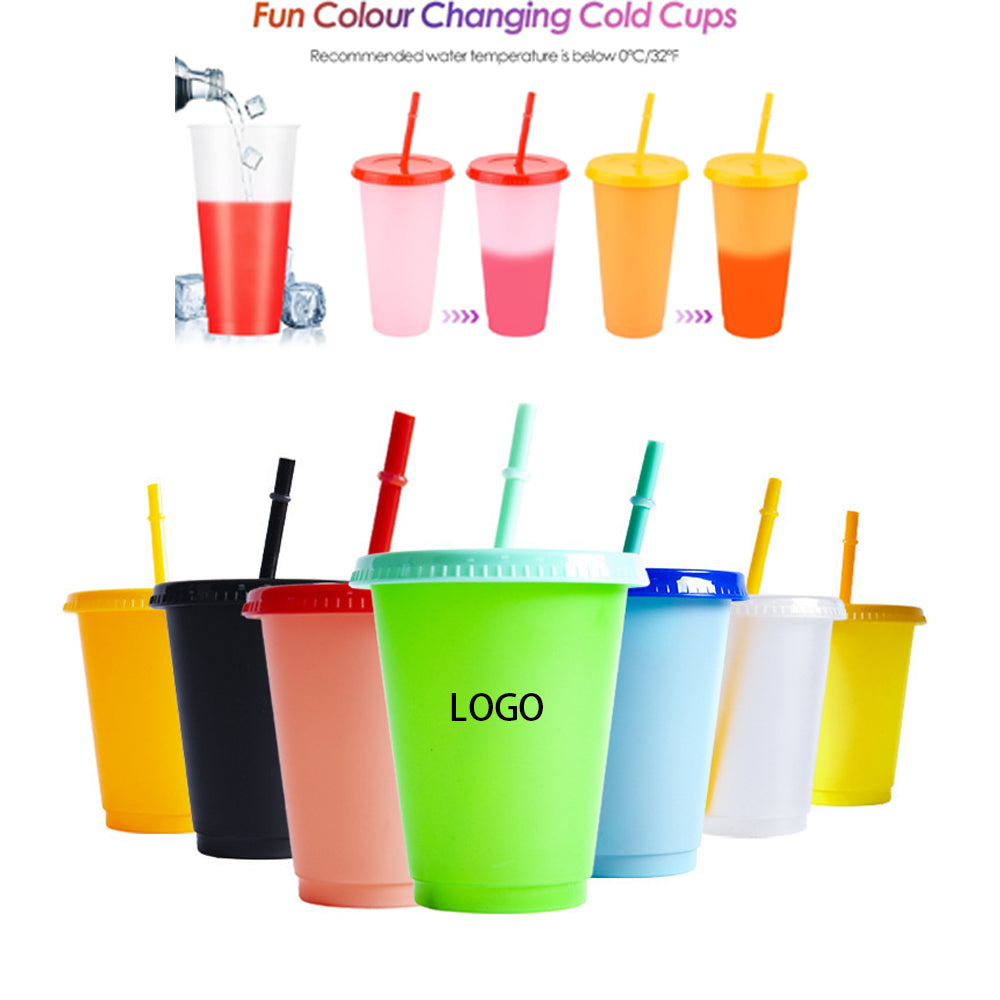 16oz Plastic Reusable Color Changing Cup Summer Cold Drinks Tumbler With Lid & Straw